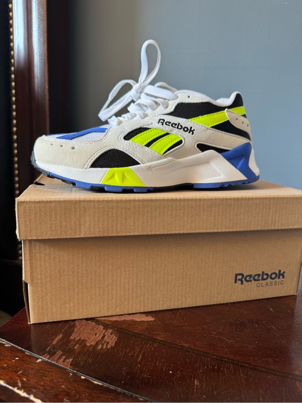 Reebok Kids' White Blue Neon Green Classic Athletic Shoes